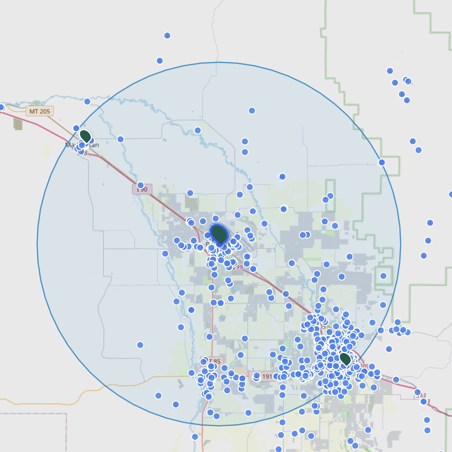 A TAD map of tourism assets around Bozeman, Montana