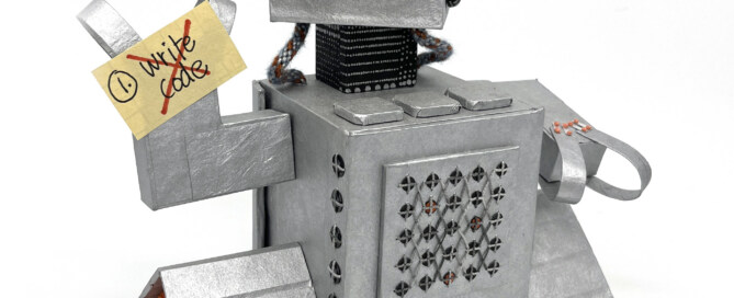 Milo the robot holding a sticky note that says "1. write code" with a red "X" drawn over the note.